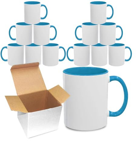 Sublimation Mugs 11oz Blank with Coloured Large Handle & Inner with Box | Durable, Ceramic Orca Finished Mugs Perfect for Custom & DIY Printing, for Loved Ones | Light Blue Bulk Pack of 12
