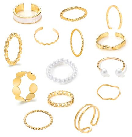 GoPaw 14 Stücke Vintage Ringe Gold Damen Boho Stapelbare Vintage Ringe Knuckle für Mädchen Damen Schlange Kristall Perle Gold Ring Punk Ring Set (Golden Satz #A)
