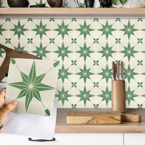 Fantasnight Tile Stickers Green, Stars Stick on Tiles Matt 15x15cm 24Pcs, Vinyl Self Adhesive Wall, Waterproof Peel and Stick for Bathroom, Removable Backsplash for Kitchen
