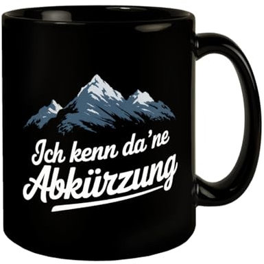 Bergabenteuer Tasse - Ich kenn ne Abkürzung Schwarzer Kaffeebecher mit Silhouette Schneebedeckte Gipfel für Bergfreunde Perfekte Geschenkidee