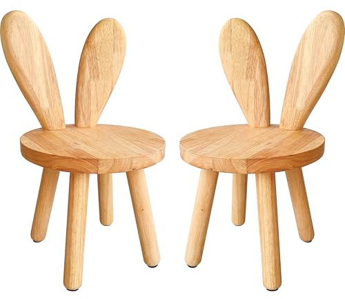 Yier Mei 2 Pcs Massivholz Stand Hocker Kaninchenohren geformte Rückenlehne Kinder Kleiner Stuhl, runde hölzerne Kindermöbel zum Essen, Lesen und Spielen (Holzfarbe)