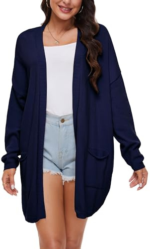 BERESIA Cardigan Aperto in Cotone 100% per Donna con Tasche, Maniche Lunghe, Morbido, Oversize, Maglione Casual da Donna, Blu Navy, S