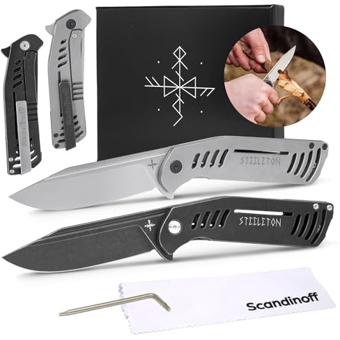 Scandinoff Doppelpack Steeleton Klappmesser – Taschenmesser Einhandmesser für Outdoor, Jagd & Selbstverteidigung, Hochwertiges Wandermesser mit Ergonomischem Griff