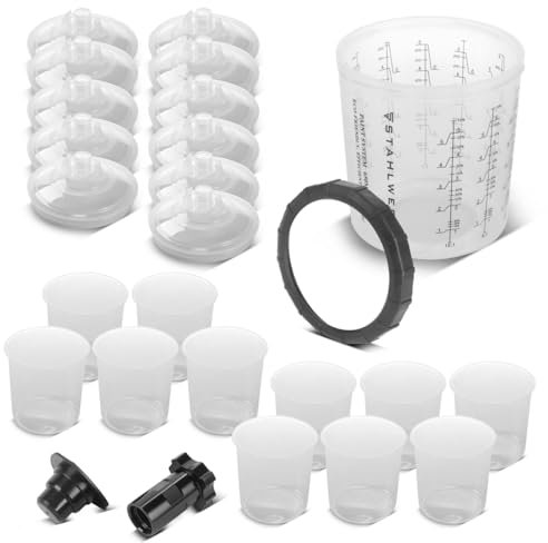 STAHLWERK Lot de 25 gobelets de mélange pour une utilisation sur les pistolets à peinture | Gobelet mélangeur de peinture | Gobelet doseur jetable de 650 ml pour mélanger et appliquer des vernis