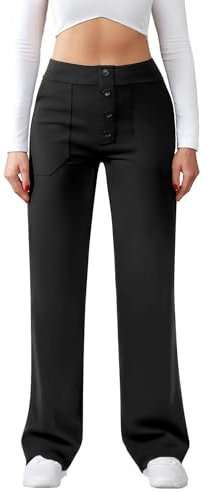 Friptspyg Pantalon Femme Taille Haute Large Bouton Jambe Droite Casual Travail Stretch de Yoga avec Poches,Noir S