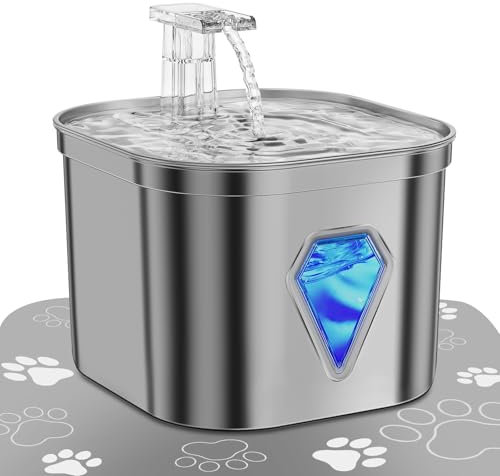 Edelstahl katzenbrunnen trinkbrunnen mit LED-Licht,2.5L,Ultra-Leise,wasserspender Fountain USB-Stromversorgung wasserbrunnen und Aktivkohle, 5-stufige Filtration (Grey, Black)