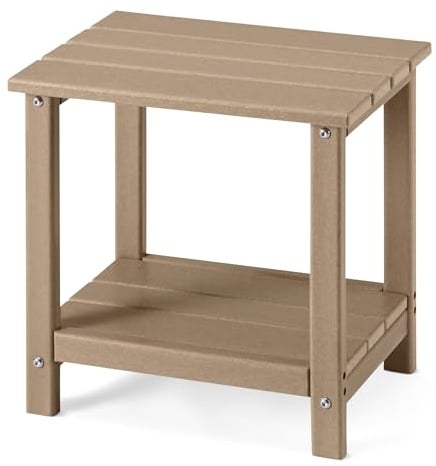 Amazon Basics Outdoor-Beistelltisch aus HDPE, Wetterfester Gartentisch mit Unterer Ablage, 60% Recyceltes Material, 42 cm x 32 cm x 42 cm, Holzoptik Braun