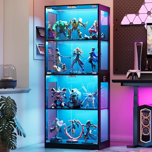 MSFE Vitrina de Cristal con LED, Vitrinas para Salon con Sensor Inteligente, 4 Capas de Vitrina Expositora para Colecciones, Armario de Almacenamiento de Vidrio, Capacidad de Carga por Capa: 15 kg