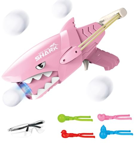 Schneeball Blaster mit Schneeballzange Schutzbrille Hai Schneeball Kanone Spielzeug Schneeballschleuder Schneeballpistole Schneeballkampf-Impaktor mit Griff, Outdoor-Schneeballpistole Spielzeug (Rosa)