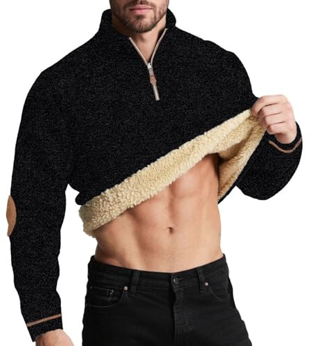 UHouse Herren Sweatshirt Gefüttert Winter Fleece Pullover mit Zip Dicke Sweatshirts Warm Arbeitspullover Stehkragen Winterpullover Freizeit Wollpullover Einfarbig Fleecepullover Pulli
