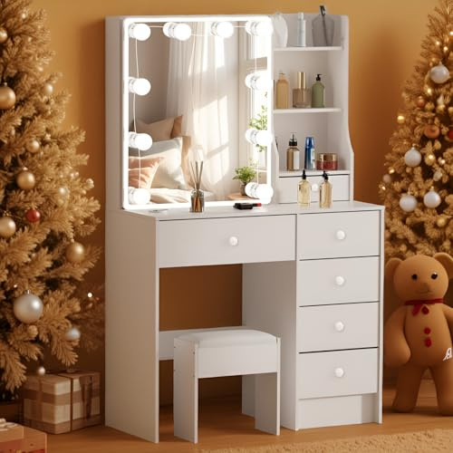 Saimeihome Schminktisch mit Beleuchtung und Hocker, Kosmetiktisch mit Schiebespiegel & 6 Schubladen 6 Fächern, 3 Lichtfarben & Dimmbare Helligkeit, 80x34x130 cm Weißer Frisiertisch für Schlafzimmer