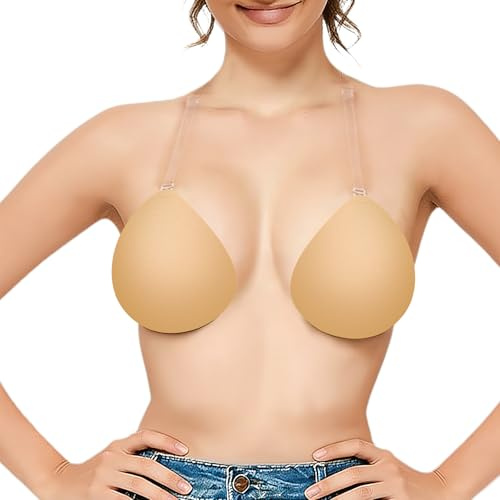 Hipidian Push Up Sticky Bra - Silicone Stick On Bras, Invisible Adhesive Bra with Clear Strap Reusable Backless Strapless Bras for Women Wedding Party Dress (UK, Cup & Band, B)
