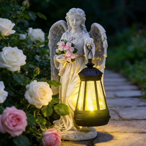 Engel Gartenfiguren für Außen mit Solar Laterne, Solar Engel Figuren Gartendeko für Außen Wetterfest, Frühlingsdeko Engel für Grab, LED Solarlampe Betende Grabengel für Friedhof Outdoor Garten (A)