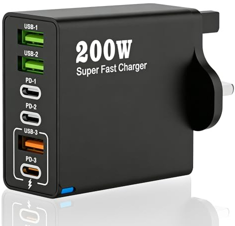 200W USB C Charging Station, 6-Port Fast Charger Plug UK with PD 100W/65W/45W/20W USB C Multi Charger Hub for MacBook, iPhone 16/15/14, iPad, Samsung, Steam Deck and USB-C Devices