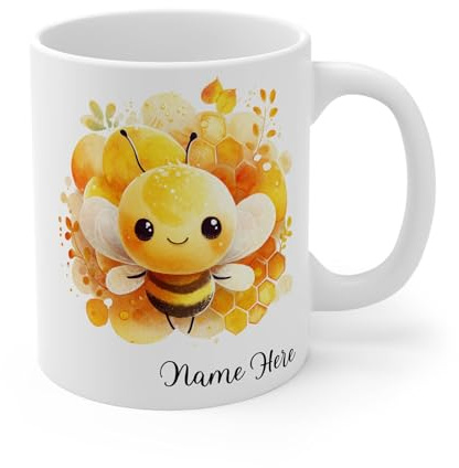 Personalised Bee Mug with Name, Cute Honey Bee Design Custom Mug, Gift for Her, Birthday Gift, Girlfriend, Wife, Bumblebee Lovers, 11oz Ceramic Coffee Cup (White 11oz, Mug)