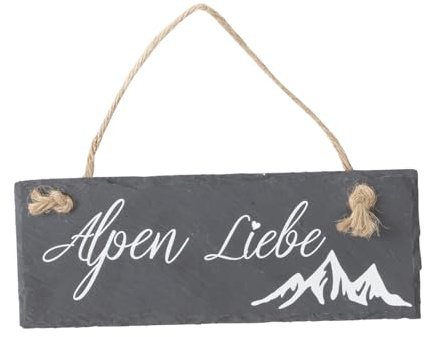 Boltze Home Schieferschild Alpen Liebe – Dekoschild aus Schiefer mit Jute Aufhänger, Vintage Wanddeko für Wohnzimmer, Terrasse, Balkon, Garten, Chalet & Landhausstil, Geschenkidee, 22 x 8,5 cm