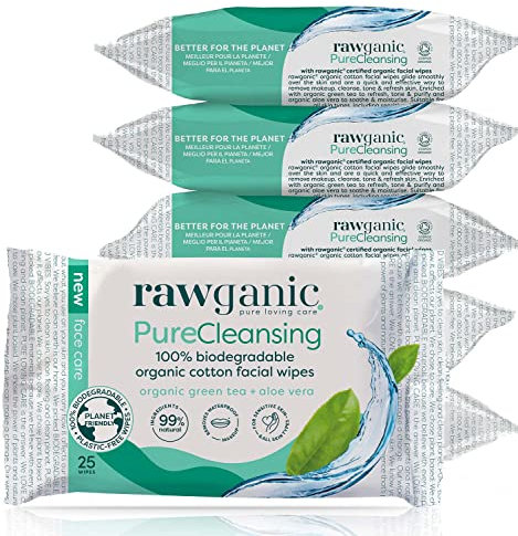 RAWGANIC Lingettes Démaquillantes Bio | Visage, Yeux, Lèvres | Coton Bio Biodégradable | Aloe Vera Thé Vert | Sans parfum (Lot de 6 paquets (150 lingettes))