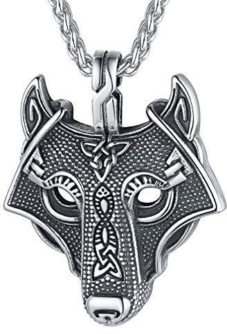 FaithHeart Nordic Viking Jewellery Mens Wolf Necklace Stainless Steel Fenrir Pendant Wolf Head Neck Charm with Strong Chain 22+2