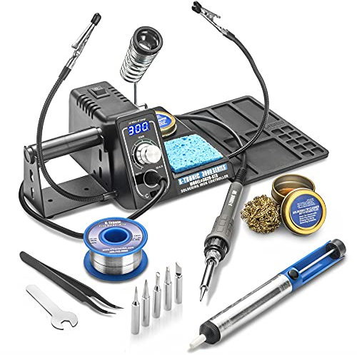 X-Tronic 75 Watt Model #3020 Soldering Iron Station - 2 Helping Hands, 5 Extra Tips, Solder Roll Holder, Brass Tip Cleaner w/Cleaning Flux, Solder Sucker, Solder & Tweezers - C/F & 10 Min Sleep Func