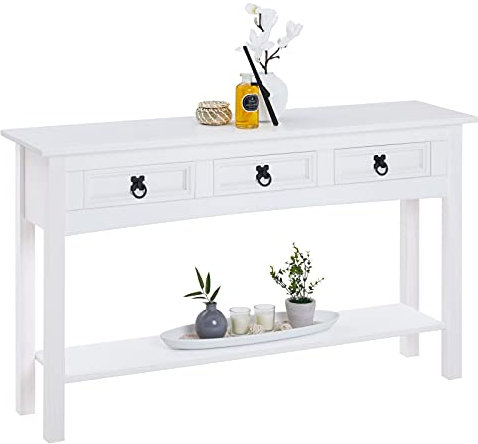 IDIMEX Console Rural Meuble Style Mexicain avec 3 Tiroirs et 1 Étagère, Table Console Blanche Fabriquée en Pin Massif, Poignées en Métal, Finition Lasurée Blanche
