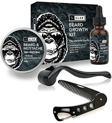 uLab Ultimate Gorilla Bartwachstums-Kit mit Derma Roller, Bartöl, Bartbalsam und faltbarem Styling Kamm - Geschenkset für Männer für Bartwachstum, Styling und Pflege - Enthält Mikronadel-Titanroller