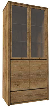 Furniture24 Vitrine Montana W2D Wohnzimmerschrank Schrank Vitrinenschrank 4 Türen 1 Schublade (Lefkas Eiche dunkel)
