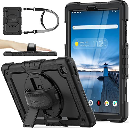 SEYMAC stock Funda para Lenovo Tab M10 FHD Plus (2.ª Generación) 10.3 Pulgadas, Funda Resistente con Protector de Pantalla Portalápiz [Soporte Giratorio 360]Correa de mano para Lenovo M10 Plus(Negro)