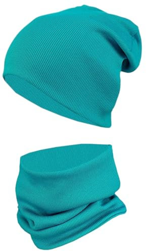 TupTam Mütze und Schal Kinder Set – Weiches Schal Mütze Set Kinder für Herbst und Winter, Farbe: Rippstoff Dunkeltürkis, Größe: 56-62
