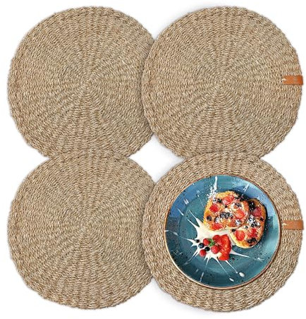 FRIHET Tischset rund - Seegras geflochten (4er Set) Platzset Ø 33 cm, Natur Tischdeko, Tischsets Platzsets abwischbar, Platzdeckchen Esstisch, Hygge Skandi Boho