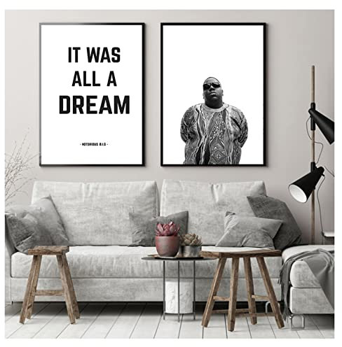 DHLHL It Was All A Dream Biggie Smalls Zitat Rap Poster Prints Wall Art Decor The Notorious BIG Kunstdruck auf Leinwand, 50 x 70 cm 2 cm/kein Rahmen, Schwarz & Weiß