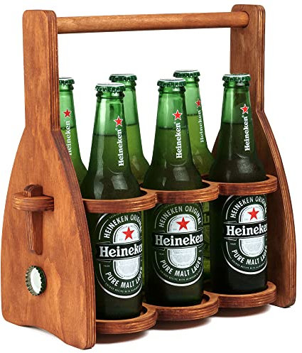 ROSTMARYGIFT Wooden 6-Bottle Beer Caddy - Collapsible Drink Holder - Beer Lover Gifts for Men, Him, Dad - Six Pack Wood Beer Carrier Basket Tote Organizer