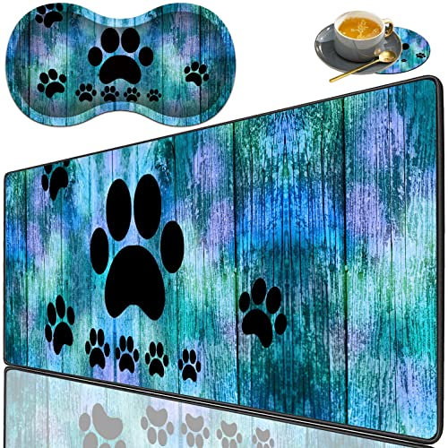 3 Piece Mouse Pad Set with Stitched Edge Large Anti-Slip Mouse Pad Desk Pad Keyboard Pad + Wrist Rest Pad + Coaster, Memory Foam Wrist Rest for Office/Home -Antique Blue Wood Grain Dog Paw
