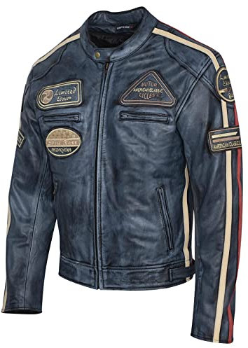 PRO FUTURE ASPIDEX Blouson moto en cuir pour homme, vintage, Custom & Café, de course, style Harley, bleu, XXL