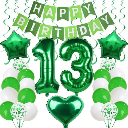 Ballons 13. Geburtstag Grün - Luftballons und Girlande für Jungen und Mädchen - Geburtstagsdeko 13 Jahre