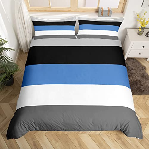 Homewish Patchwork Striped Duvet Cover Set with 2 Pillowcases - Double Size, 100% Soft & Breathable Polyester, Zip Closure - Blue Black Dark Gray Bedding - Modern Simple Pattern with Black Reverse