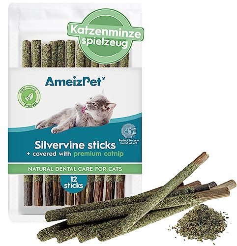 AmeizPet Erba Gatta Secca Per Gatti Pronta, Naturale Bastoncini Matatabi Per Gatti Ricoperto Di Erba Gatta - Bastoncini Da Masticare, Silvervine Pulizia Denti Per Gatti 12 Pcs
