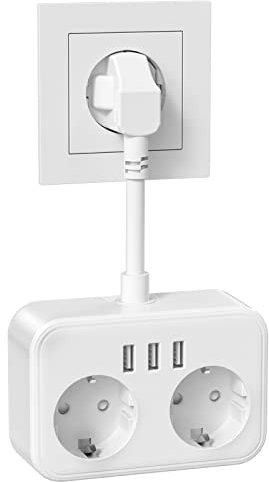 Multiprise avec USB, Parasurtenseurs Adaptateur de 2 Prise avec 3 USB Chargeur (5V/3.1A), 5 en 1 Multiprise électrique Parafoudre et Surtension, Double Prise de Câble Court pour Bureau, Maison, Blanc