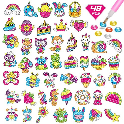 CAYUDEN Diamond Painting Aufkleber, 48pcs 5D Diamant Painting Bilder Kinder DIY Diamond Painting Kinder Mädchen Diamant Malerei Aufkleber Kit für Mitgebsel Kindergeburtstag Gastgeschenk