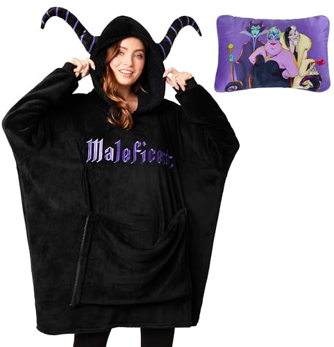 Disney Stitch Damen Hoodie Decke mit Ärmeln - 2-in-1 - Oversized Kapuzenpullover Fleece Tragbare Decken für Teenager (Schwarz Maleficent)