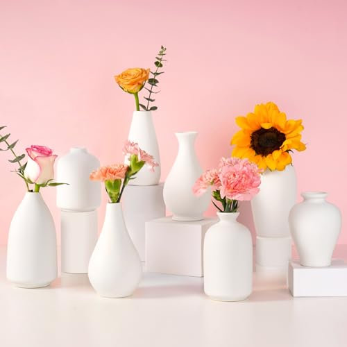 Linyona 8 Pack Modern White Ceramic Vases, Oval Shaped, Matte Finish, Holds Water, Perfect for Centerpieces, Fresh or Dried Flowers, Home Decor