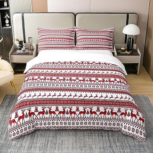 Rustikale Hirsch Elch 100% Baumwolle Bettbezug,Frohe Weihnachten Bettwäsche Set 220x240,Roter Weihnachtsbaum Schneeflocke Tröster Abdeckung,Glückliche Ferien Bett mit 2 Kissenbezüge Zimmer Dekor