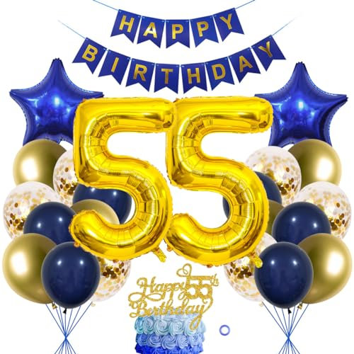 SNOWZAN 55. Geburtstag Dekorationen Blau Gold frauen Männer Deko 55 Geburtstag Männer 55 Jahre geburtstag Deko Luftballon 55. Geburtstag Luftballon Girlande 55 Jahre Geburtstagsdeko Tortendeko 55 Deko
