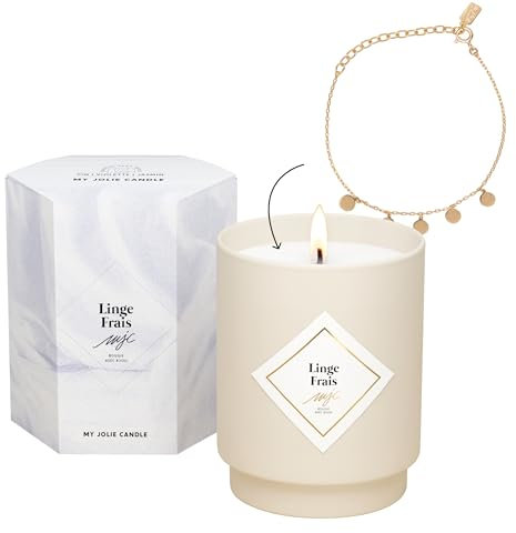 MY JOLIE CANDLE - Duftkerze für frische Wäsche – Schmuckstück Überraschung Armband Gold – Geschenk für Damen Mama – natürliches Wachs – französischer Duft – Baumwolldocht