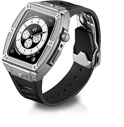 RYUEUYA Luxus-Designergehäuse aus Edelstahl und Gummiarmband für Apple Watch Series 9 8 7 6 SE 44/45mm - Taktischen Funktionen und Schnellwechselband für die iWatch, S-BR