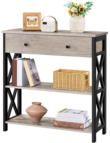 Yaheetech Console Table, Drawer & Shelves, 80 × 29.5 × 81 cm, Grey | E1 MDF & Metal Frame, X-Shaped Side Supports, Anti-Tip Kit, Industrial-Style Finish, Hallway or Living Room Use