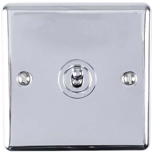 1 Gang Single Retro Toggle Light Switch Polished Chrome 10A 2 Way Lever Plate - Classic Vintage Style Flick Lever Wall Plate