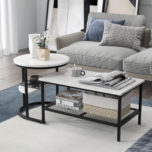 GOPLUS 2er Set Couchtisch Marmor Optik, Abnehmbarer Wohnzimmertisch mit Metallgestell, stapelbarer Beistelltisch, Satztisch modern für Wohnzimmer, Apartment (Schwarz)