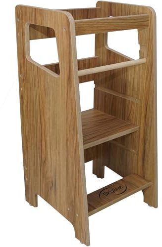 Skyline Steh und Lernturm Baby ab 1 Jahr Montessori Learning Tower Höhenverstellbar Tritthocker Kinder Indoor Möbel Kinderzimmer Trittschemel Kitchen Helper Hochstuhl Faltbarer Braun Holzimitat