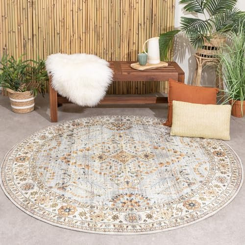 FRAAI | Home & Living Vintage Gartenteppich Rund - Santo Flora Hellgrau - Wetterfest - Polyester - Flachgewebe - Balkon, Garten/Terrasse - Terrasse - Rug