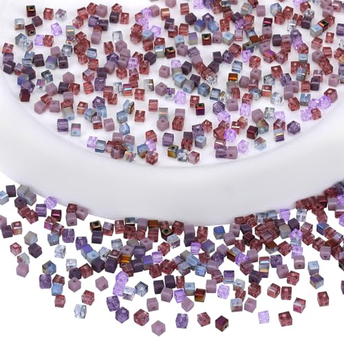 BEEFLYING Bunte Glasperlen Zum Auffädeln für Armbänder, 200 Stk Lila | 3 mm Mini Bastelperlen Kleine Kristall Perlen Würfel Set, für Armbänder Halsketten Schmuckherstellung